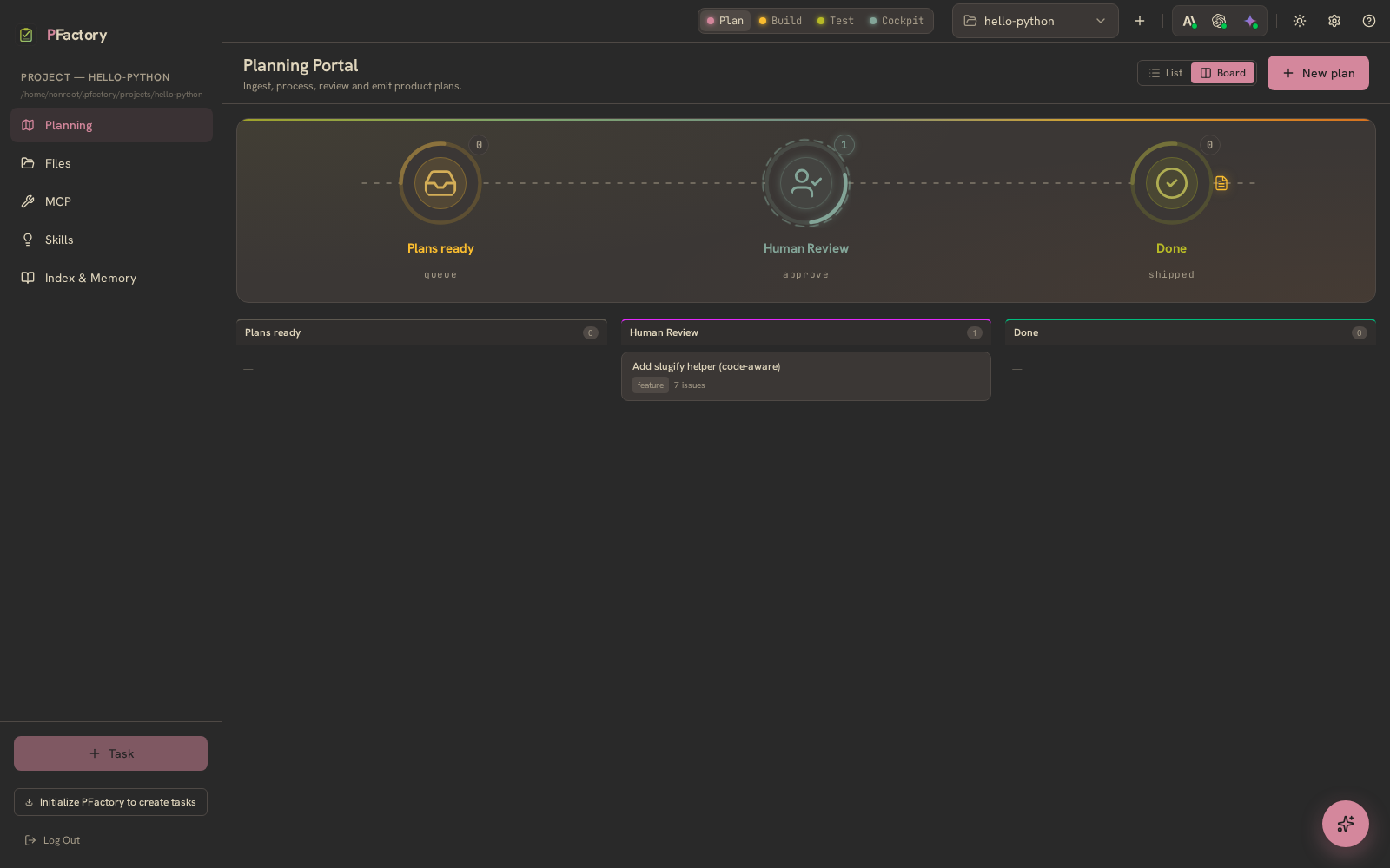 PFactory code-aware planning