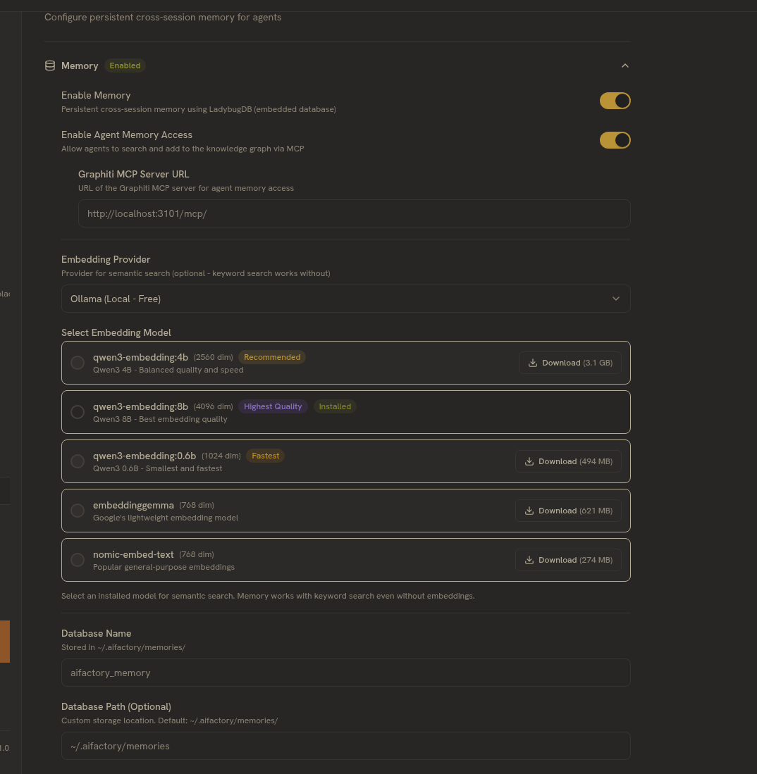 Memory and embeddings settings