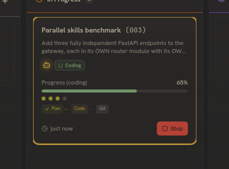 A task card mid-flight