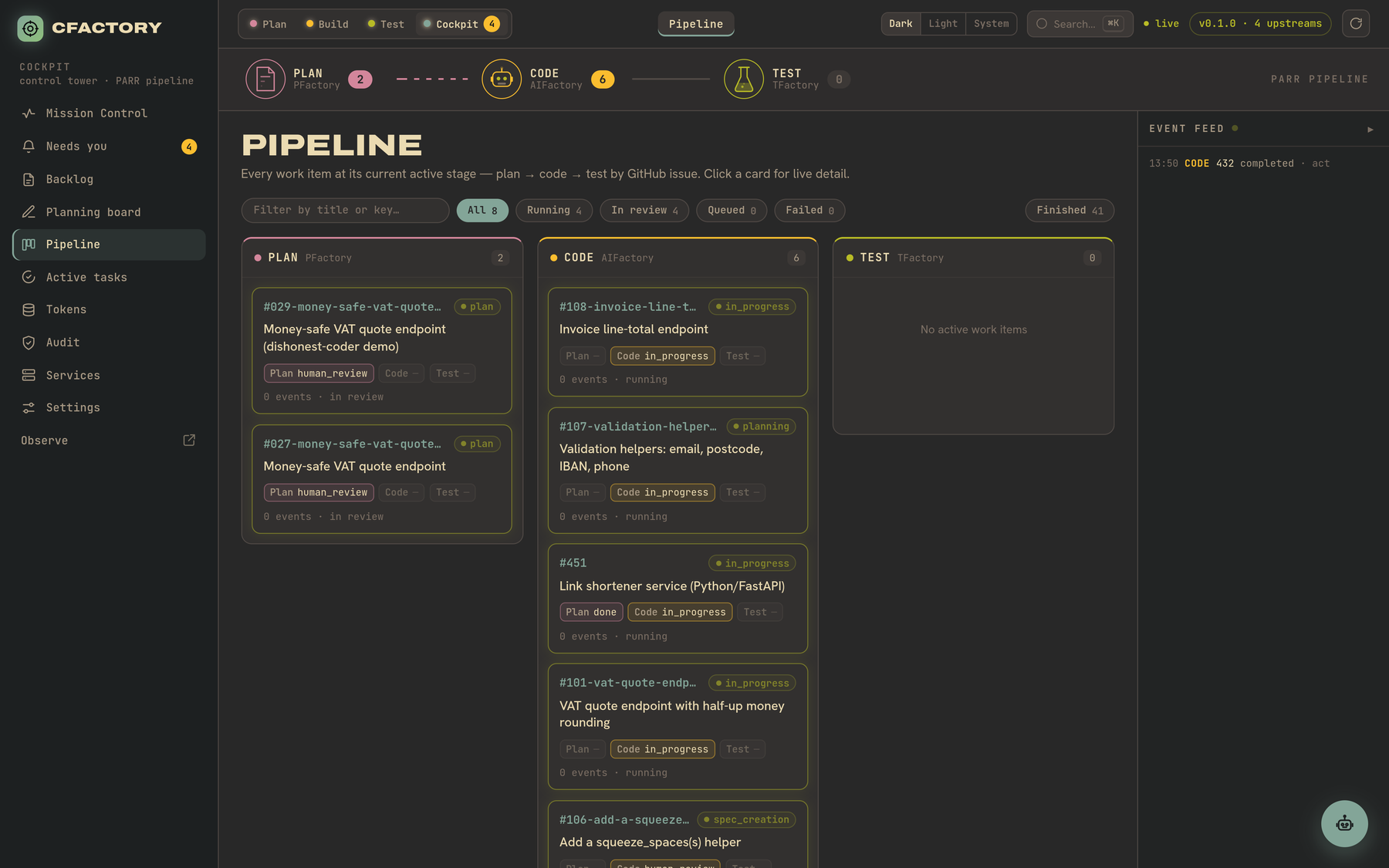 CFactory three-column pipeline board with running, in-review, queued and failed filters