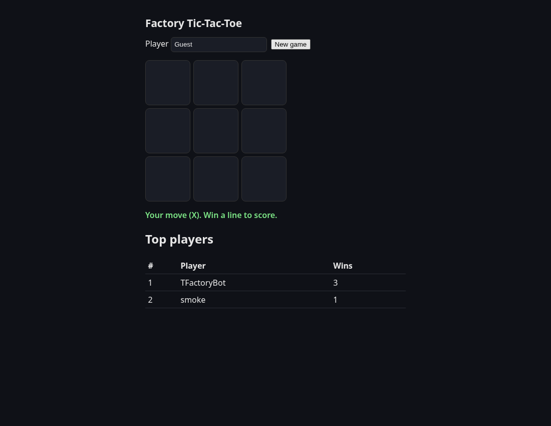 The deployed scoreboard on Azure Container Apps, TFactoryBot at number one