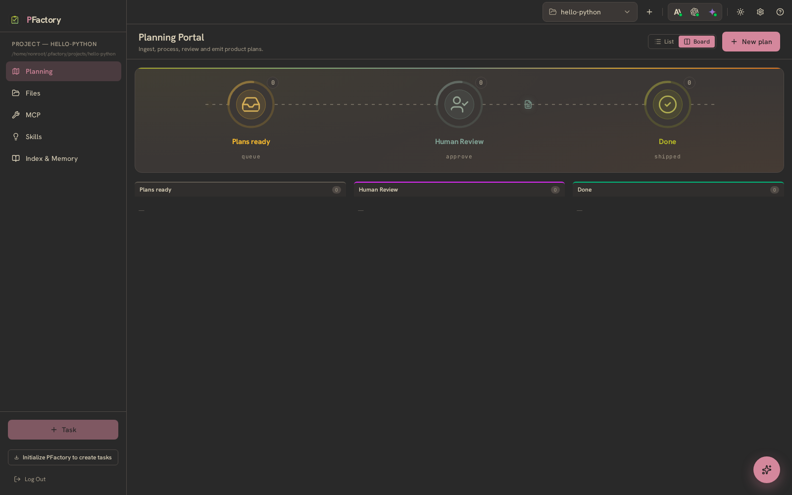 PFactory, the planning portal, after an automated MFA login