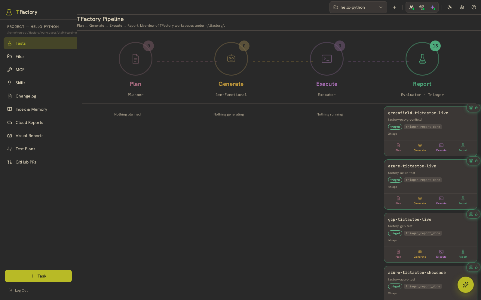TFactory, the test portal, after an automated MFA login