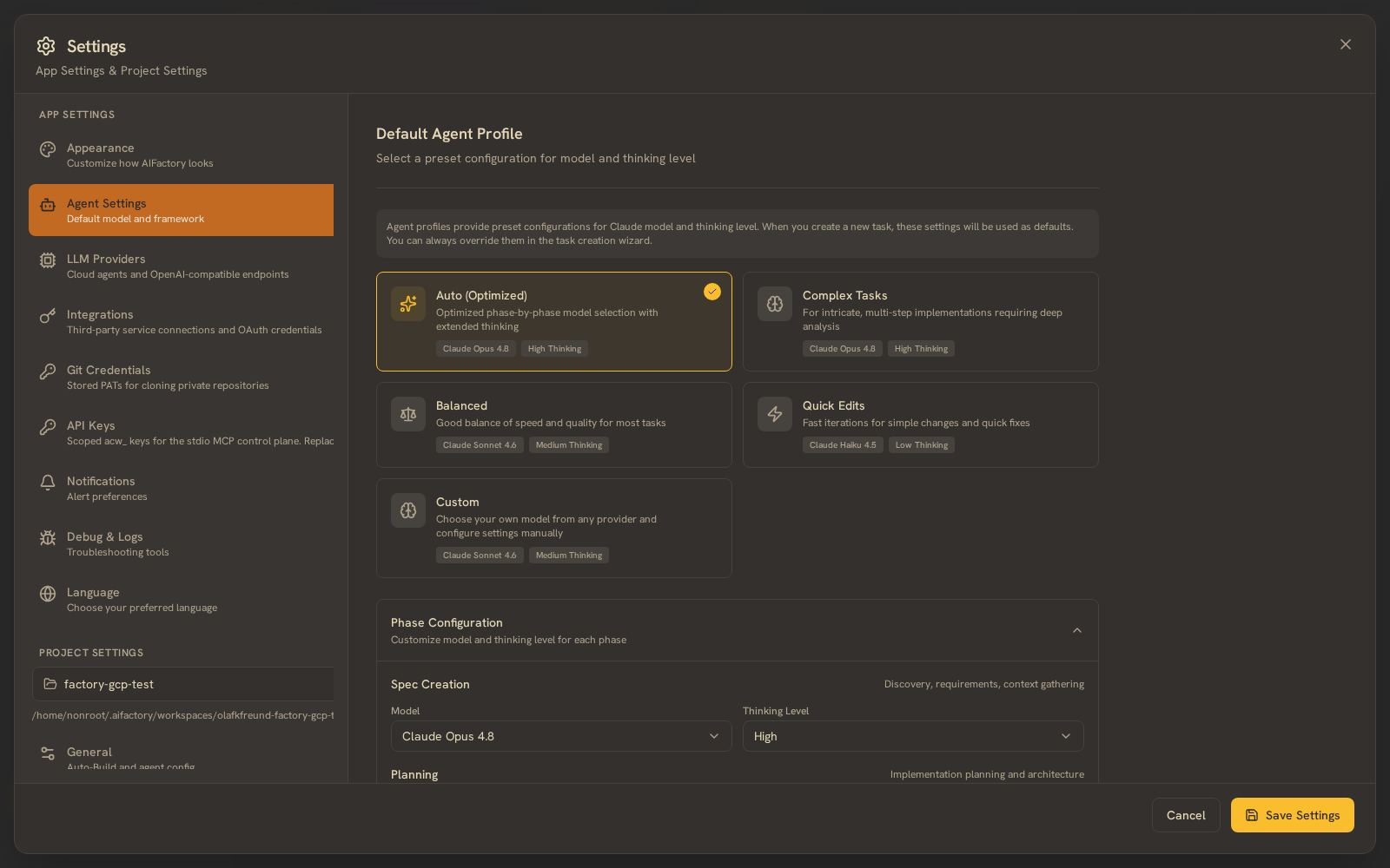 AIFactory — Settings — agent profiles and per-phase model selection