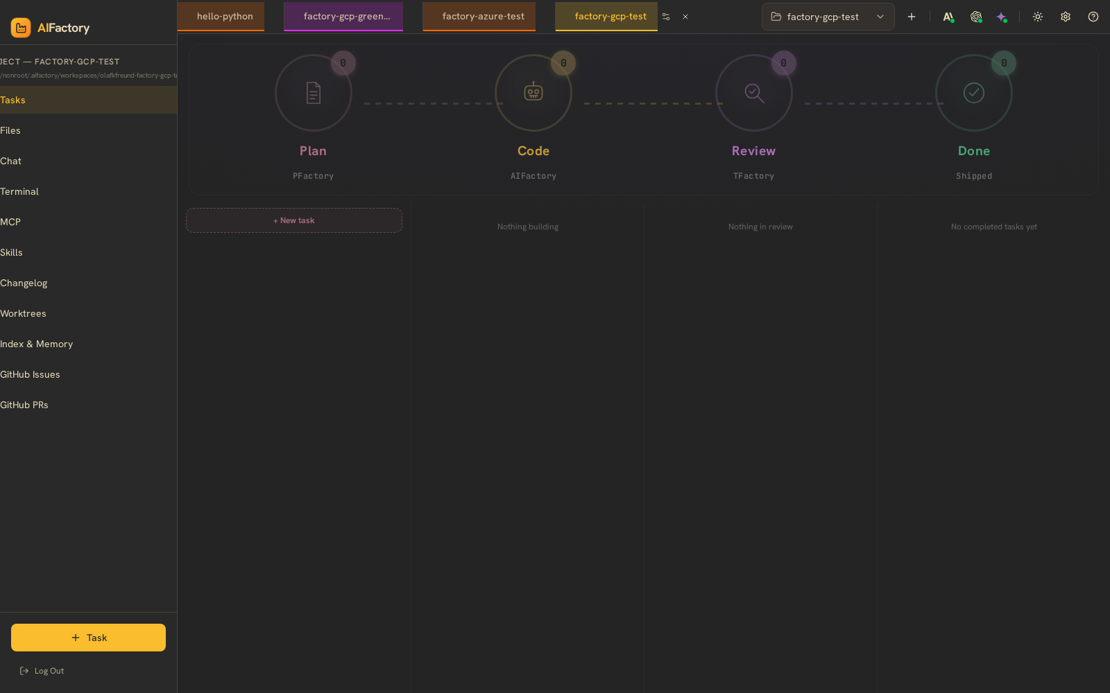 AIFactory — Tasks — the PARR board (Plan → Code → Review → Done)