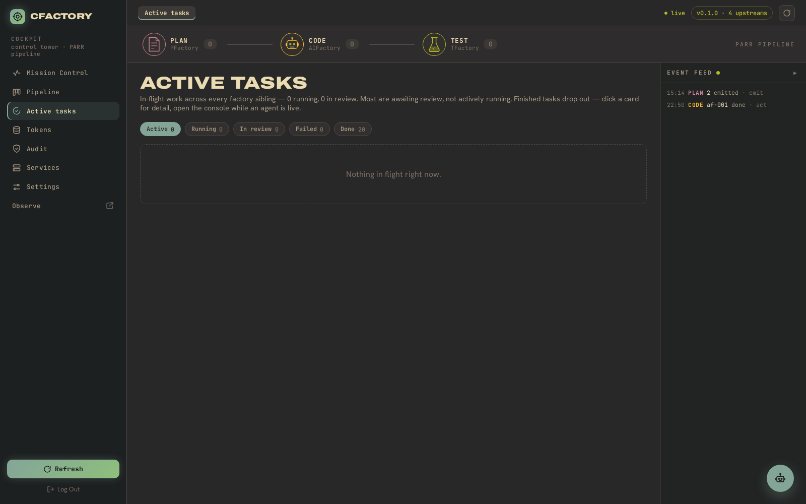 CFactory — Active tasks — in-flight work, every factory
