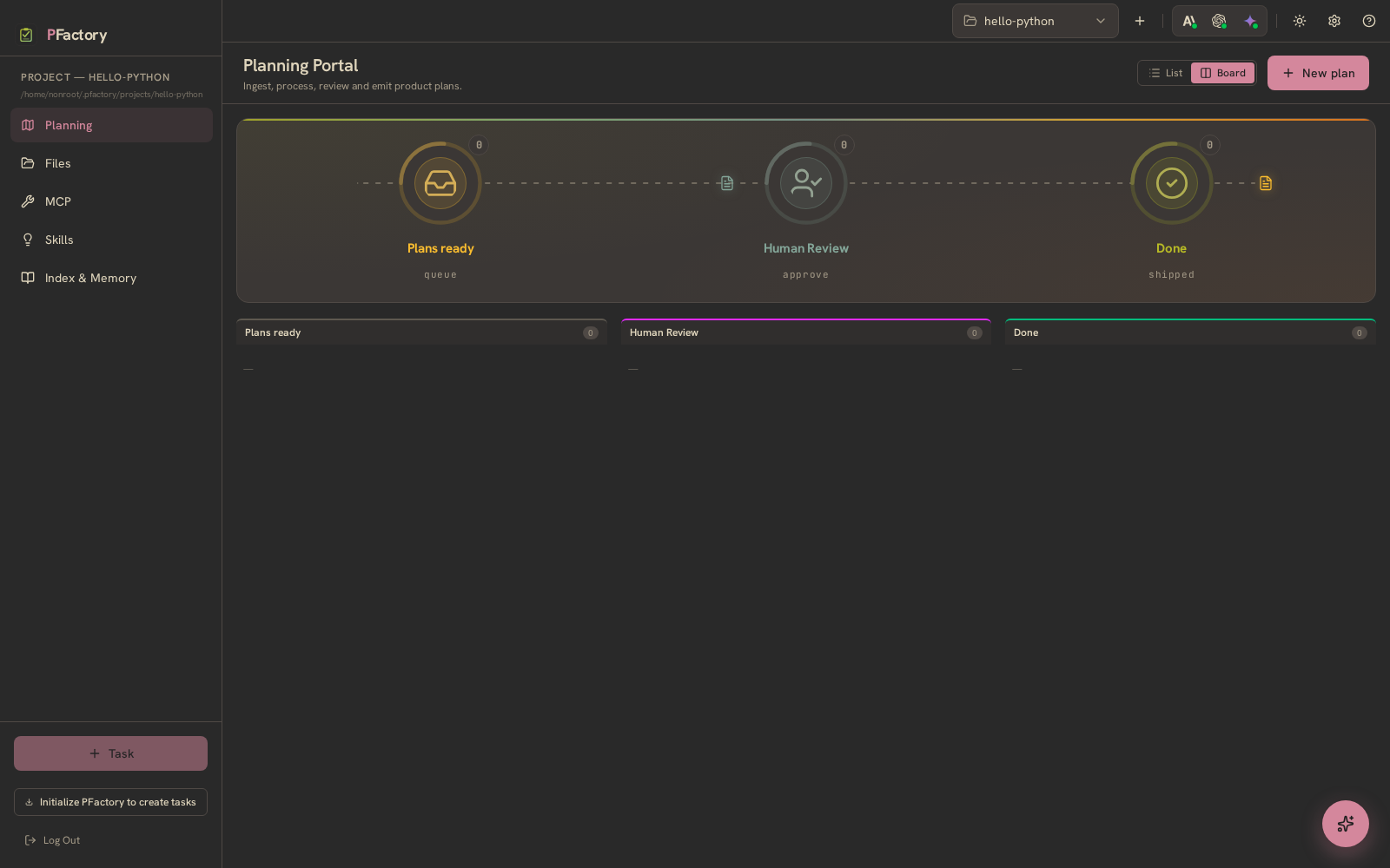 PFactory — Planning Portal — the plan board (Plans ready → Human Review → Done)