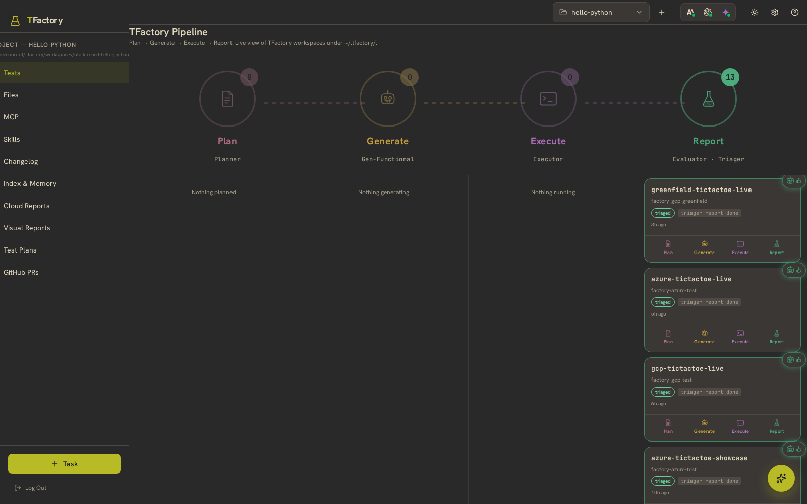 TFactory — TFactory Pipeline (Plan → Generate → Execute → Report)