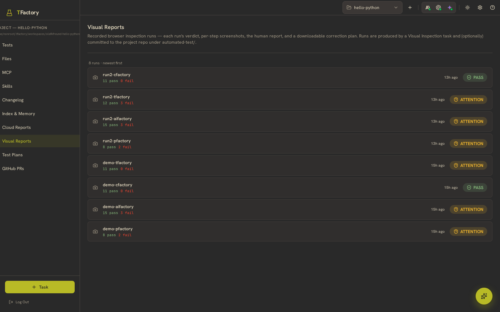 TFactory — Visual Reports — browser screenshots and recordings